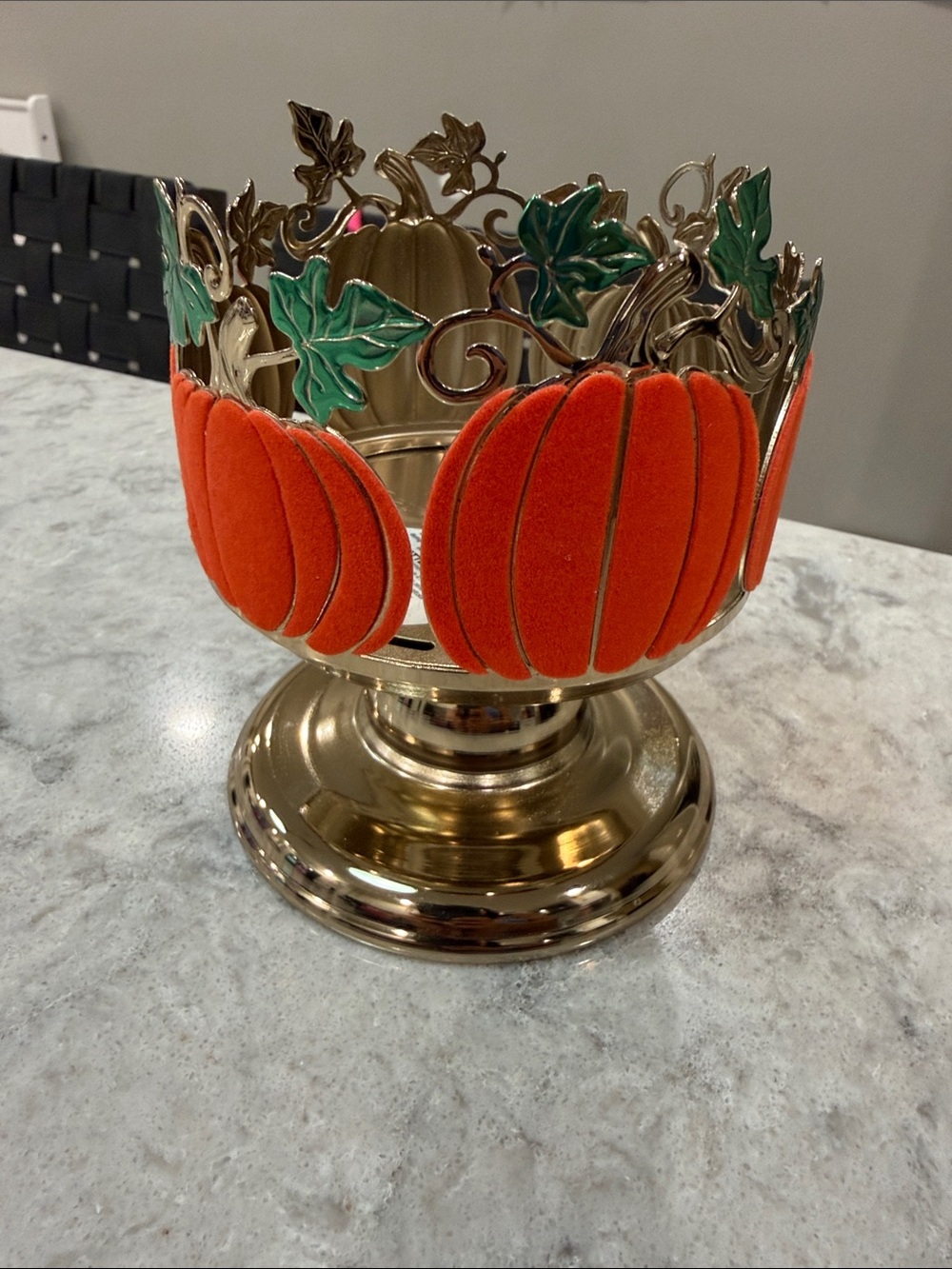 Bath & Body Works Orange Velvet Pumpkin Candle Holder with Gold & Green Accents